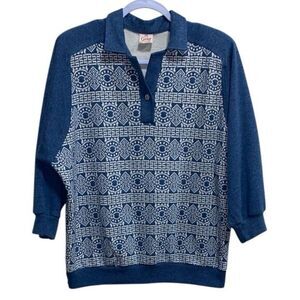 Vintage Graff Californianwear Blue Knit Polo Sweater Large Made in‎ USA Retro